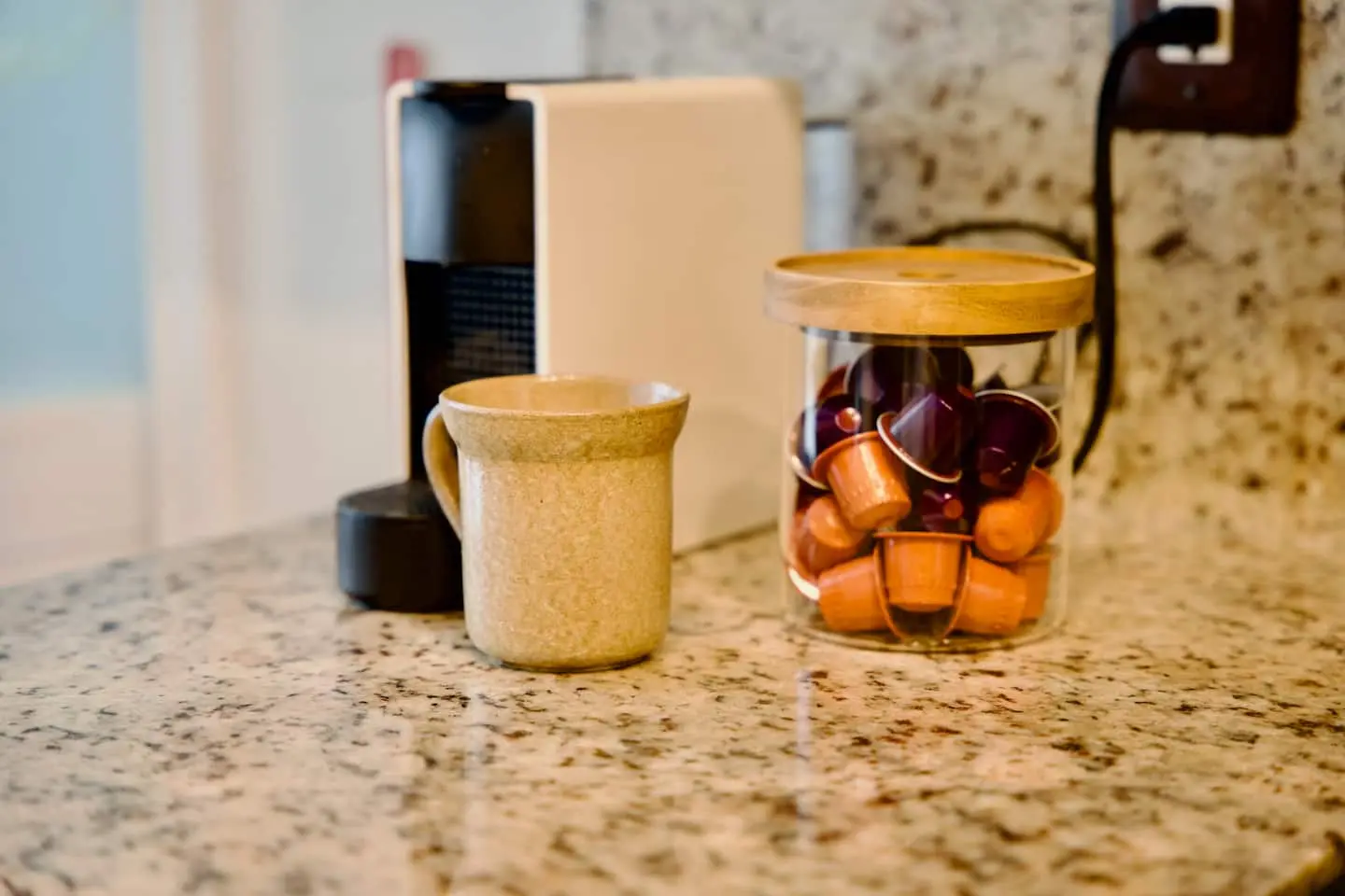Coffee maker and coffee pods on the counter
