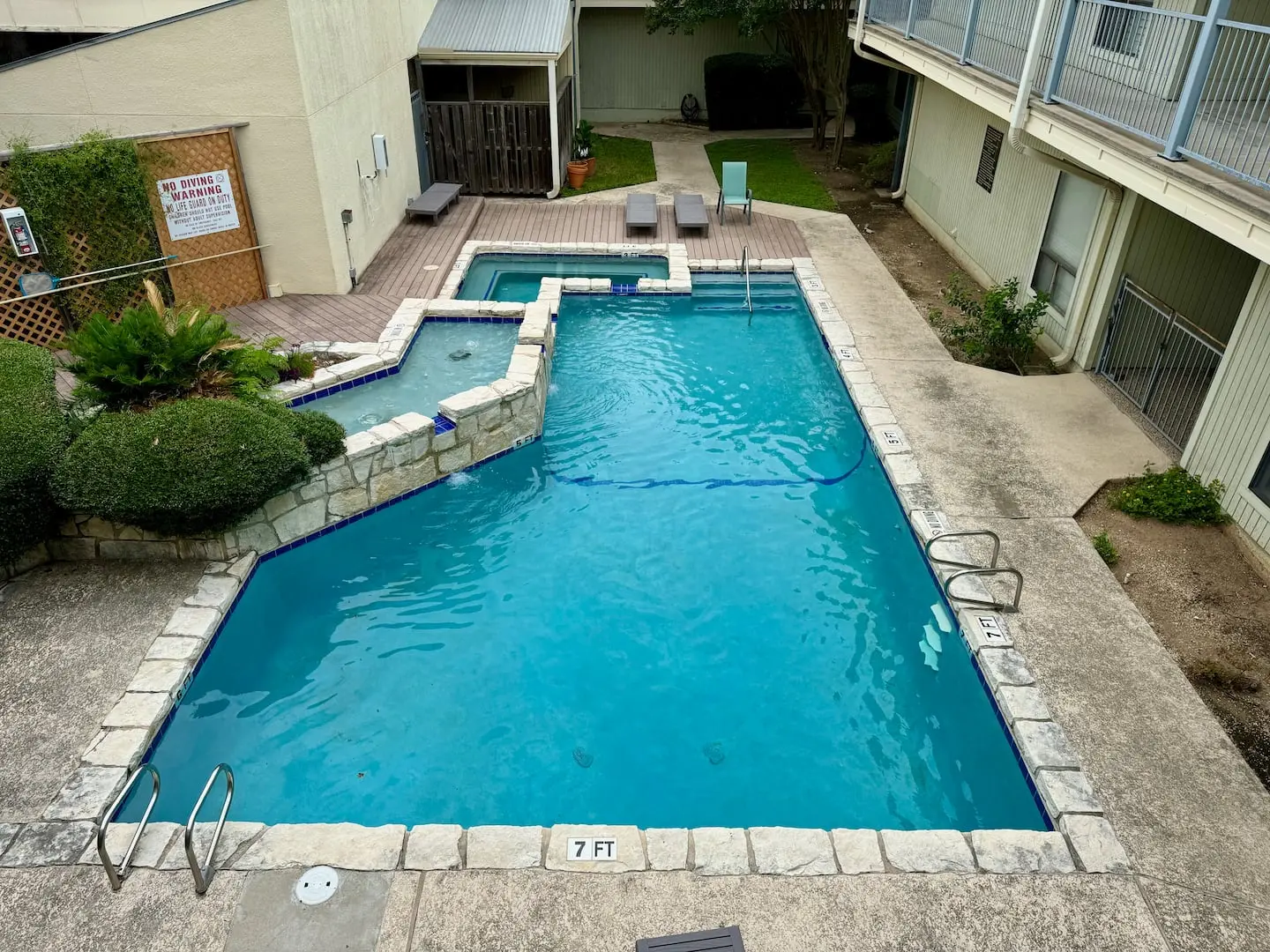 The building's pool surrounded by plants